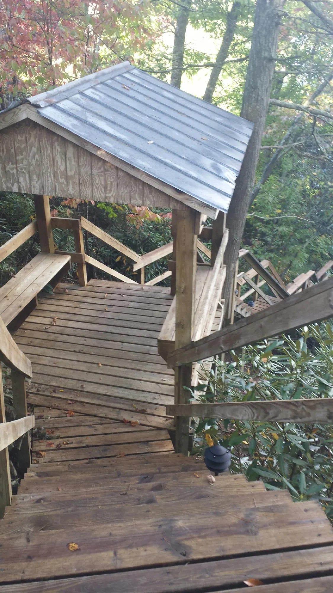 Metal roofed shelter over wooden steps on a wooded walkway — Skylight Repair & Installation work by our crew in Elwood
